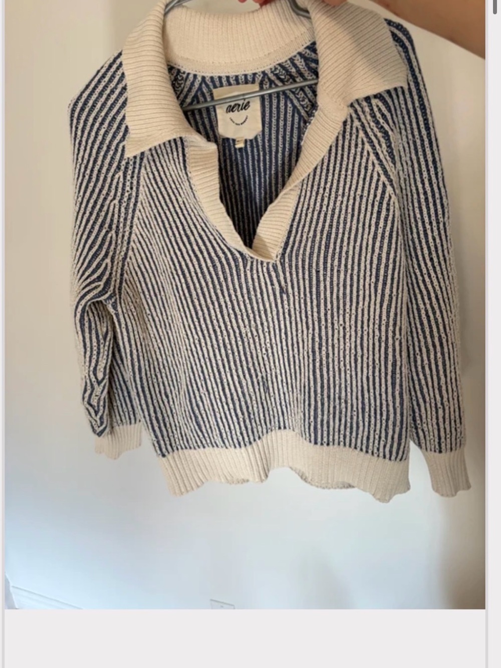 aerie Cream and Navy Striped Collared Pullover Sweater